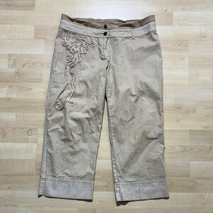 Cop.Copine Tan Capris with Embroidered Detail